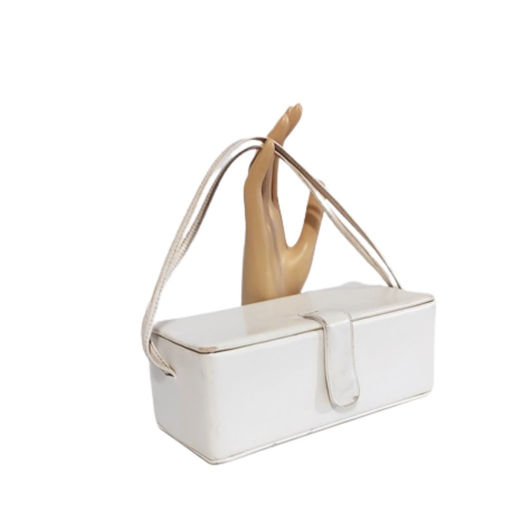 1950s Vintage White Leather Rectangular Box Handb… - image 2